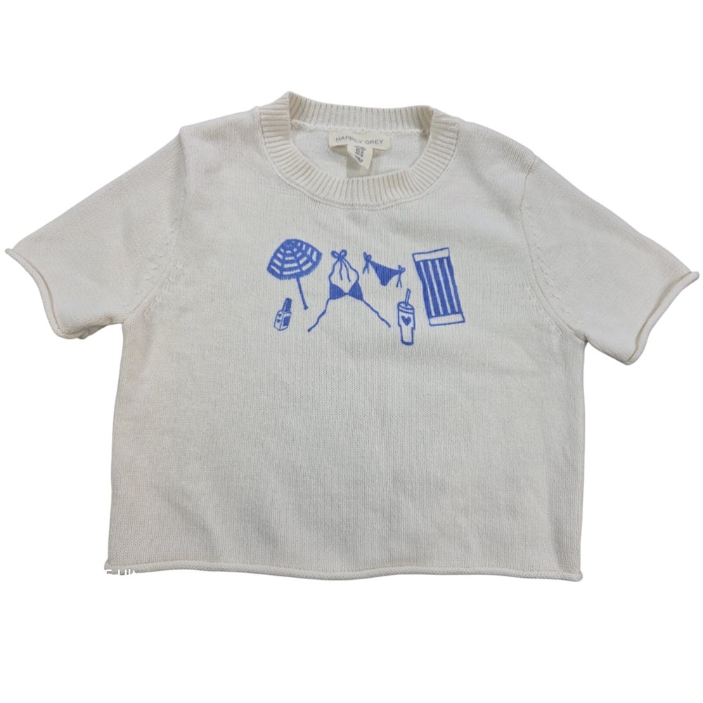 Happily Grey Women Medium Knit Sweater Baby Tee Short Sleeve Tan Beach Y2K‎